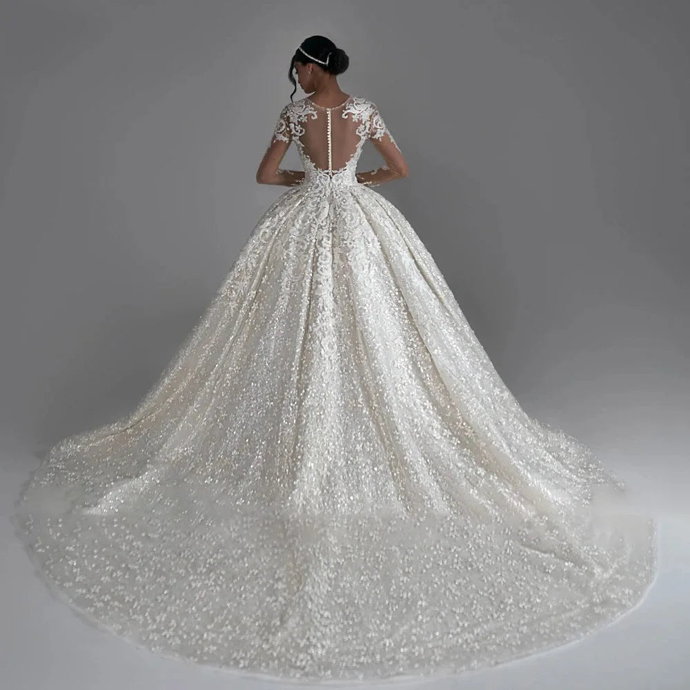 Royal long sleeve lace appliques ball gown wedding dress, available in white and ivory.