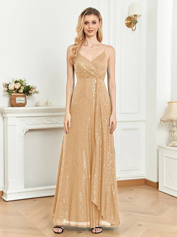 Sequined V-neck evening dress with a long flowing skirt, available in vibrant colors for formal events.