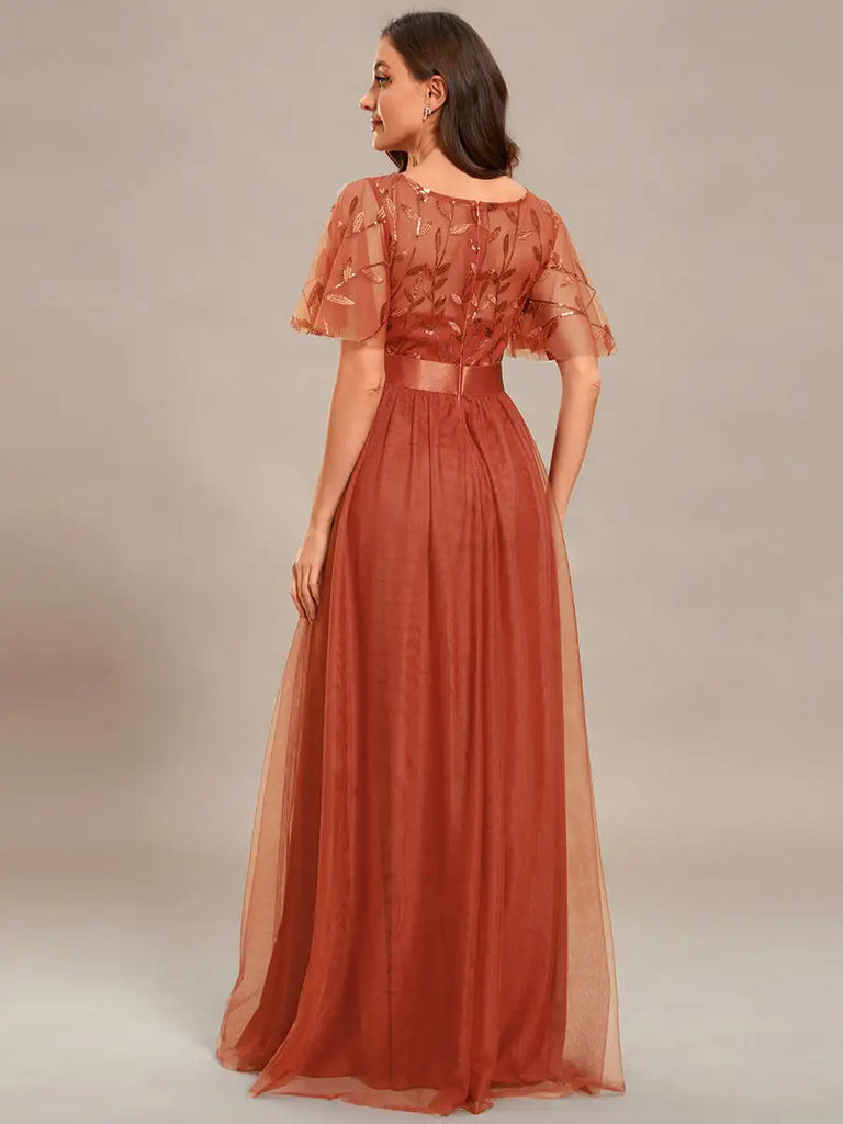 A-line evening dress with cap sleeves and sequins, available in a range of elegant colors, perfect for formal events.