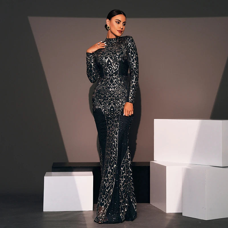 Black sequined mermaid maxi dress with long sleeves and a formal silhouette, ideal for evening events.