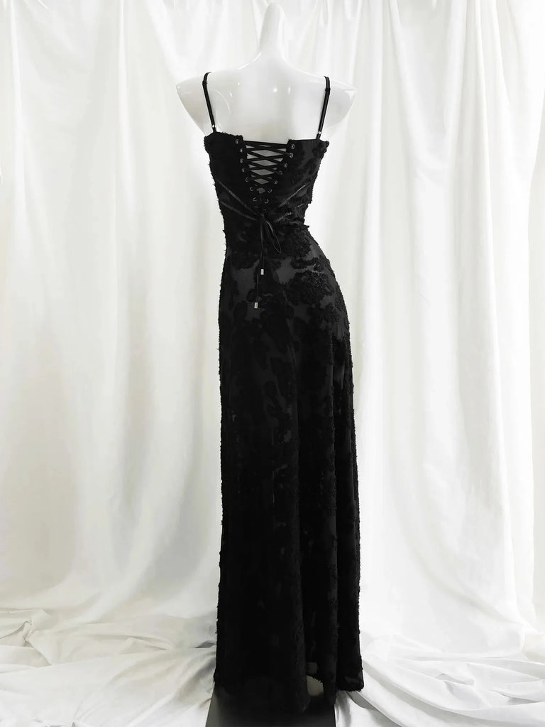 Black appliqué formal maxi dress, perfect for parties and formal occasions.