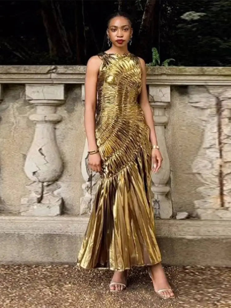 Gold pleated sleeveless evening dress with a bodycon fit and round neckline, perfect for formal occasions.