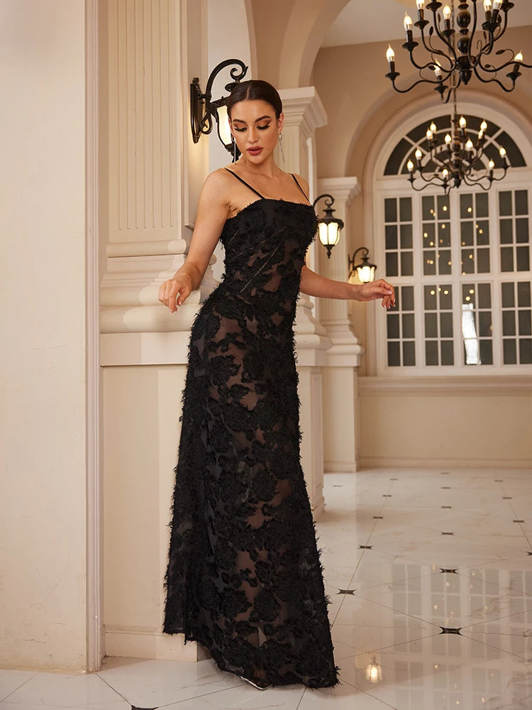 Black appliqué formal maxi dress, perfect for parties and formal occasions.