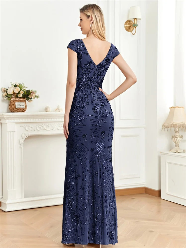 Elegant champagne sequin mermaid evening dress with a deep V-neck, available in royal blue, pink, pond duck blue, burgundy, navy blue, and dark green.