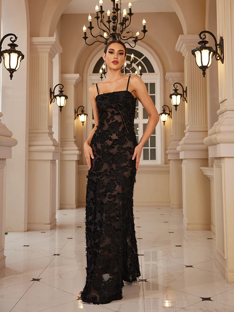 Black appliqué formal maxi dress, perfect for parties and formal occasions.