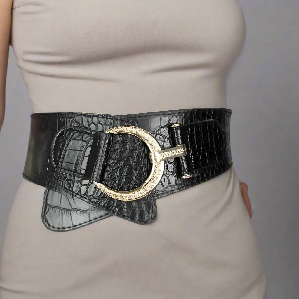 Women's Croc-Pattern Elastic Wide Waistband Belt