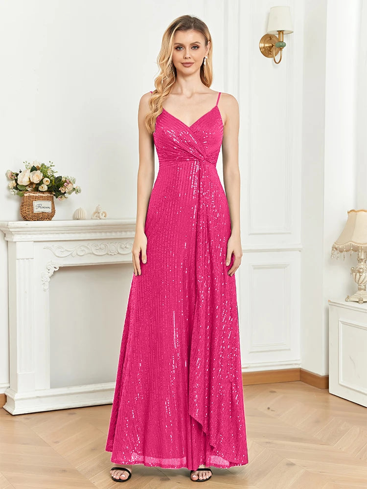 Sequined V-neck evening dress with a long flowing skirt, available in vibrant colors for formal events.