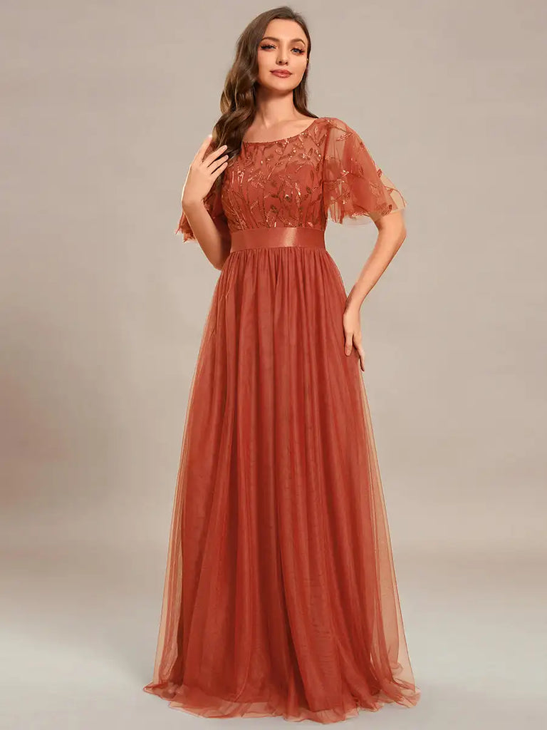 A-line evening dress with cap sleeves and sequins, available in a range of elegant colors, perfect for formal events.