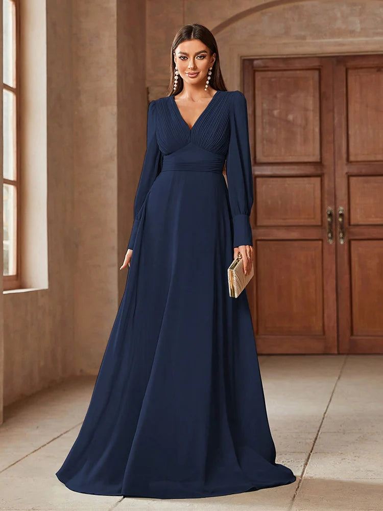 V-neck solid color formal dress with long sleeves, available in pink, blue, and green, perfect for elegant occasions.