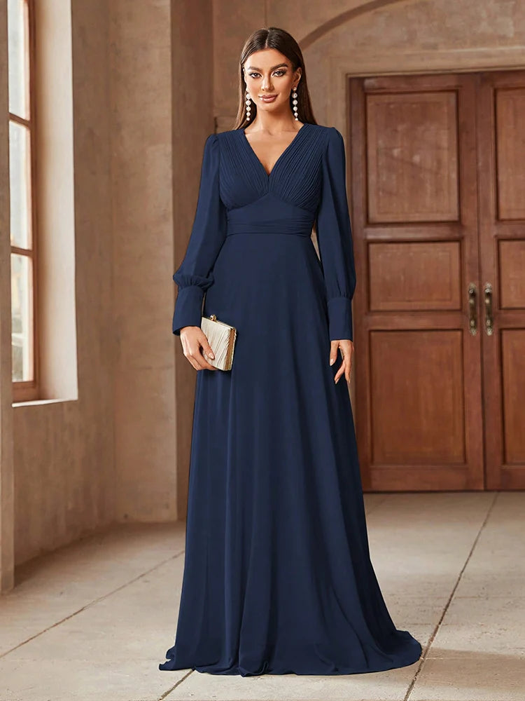 V-neck solid color formal dress with long sleeves, available in pink, blue, and green, perfect for elegant occasions.