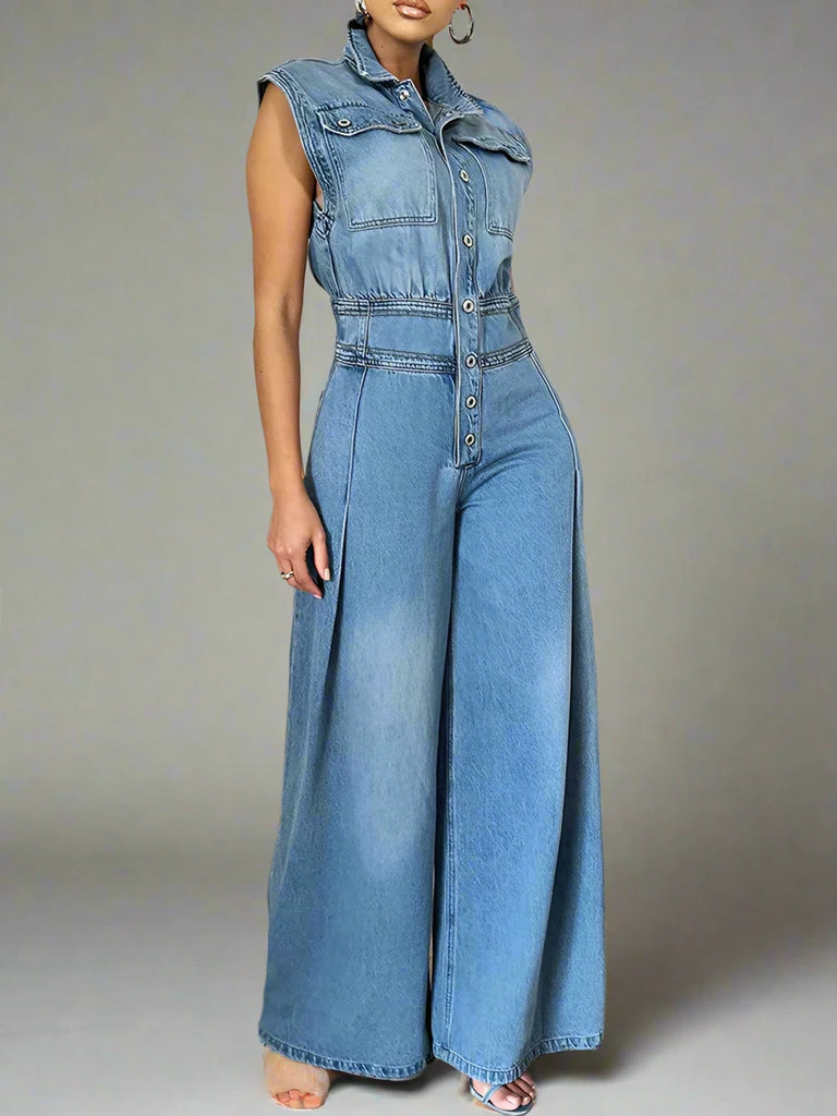 Vintage Loose Denim Wide Leg Pocket Single Breasted Baggy Jean Rompers Jumpsuit