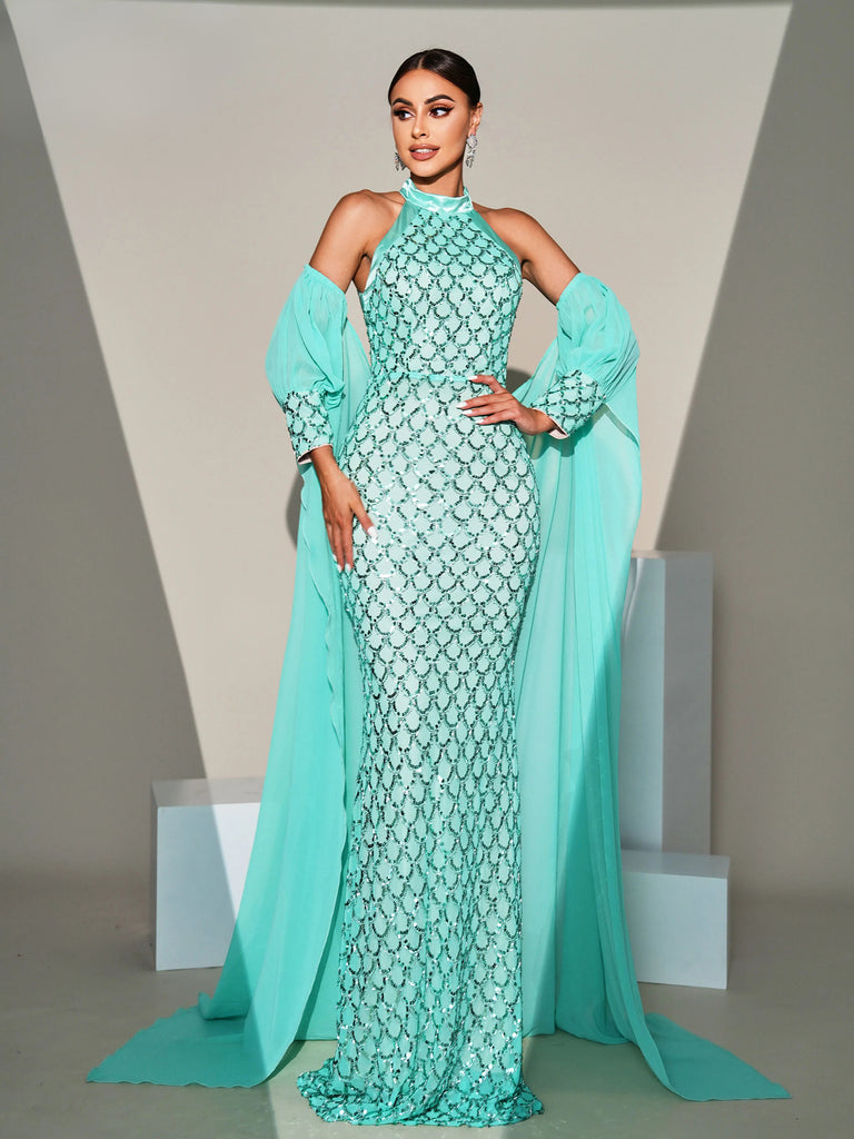 Green round neck sequin mermaid evening dress, perfect for formal occasions and parties.