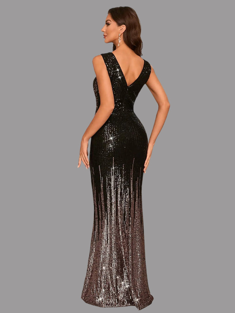 Elegant floor-length mermaid sequin dress with a plunging V-neckline and spaghetti straps, featuring a slim fit and solid sequin pattern.