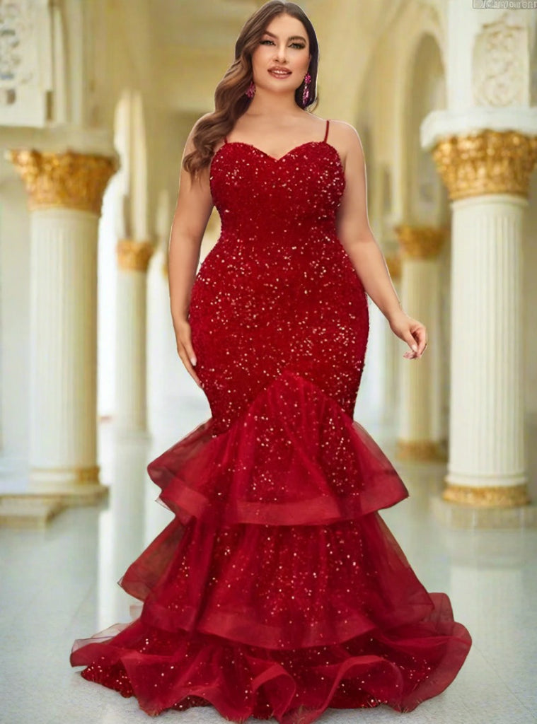 Walk Bold sequin mesh splicing evening dress in red, designed for bold and elegant formal occasions.