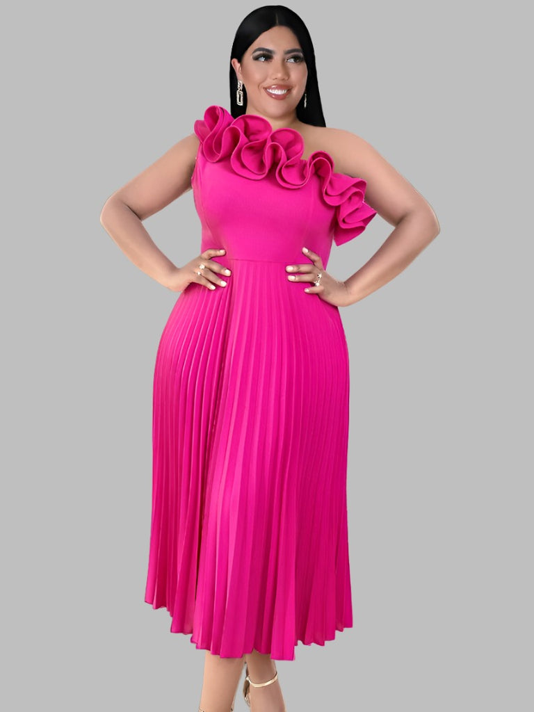 Women's Plus Size Ruffles Pleated Prom Midi Evening Dress"