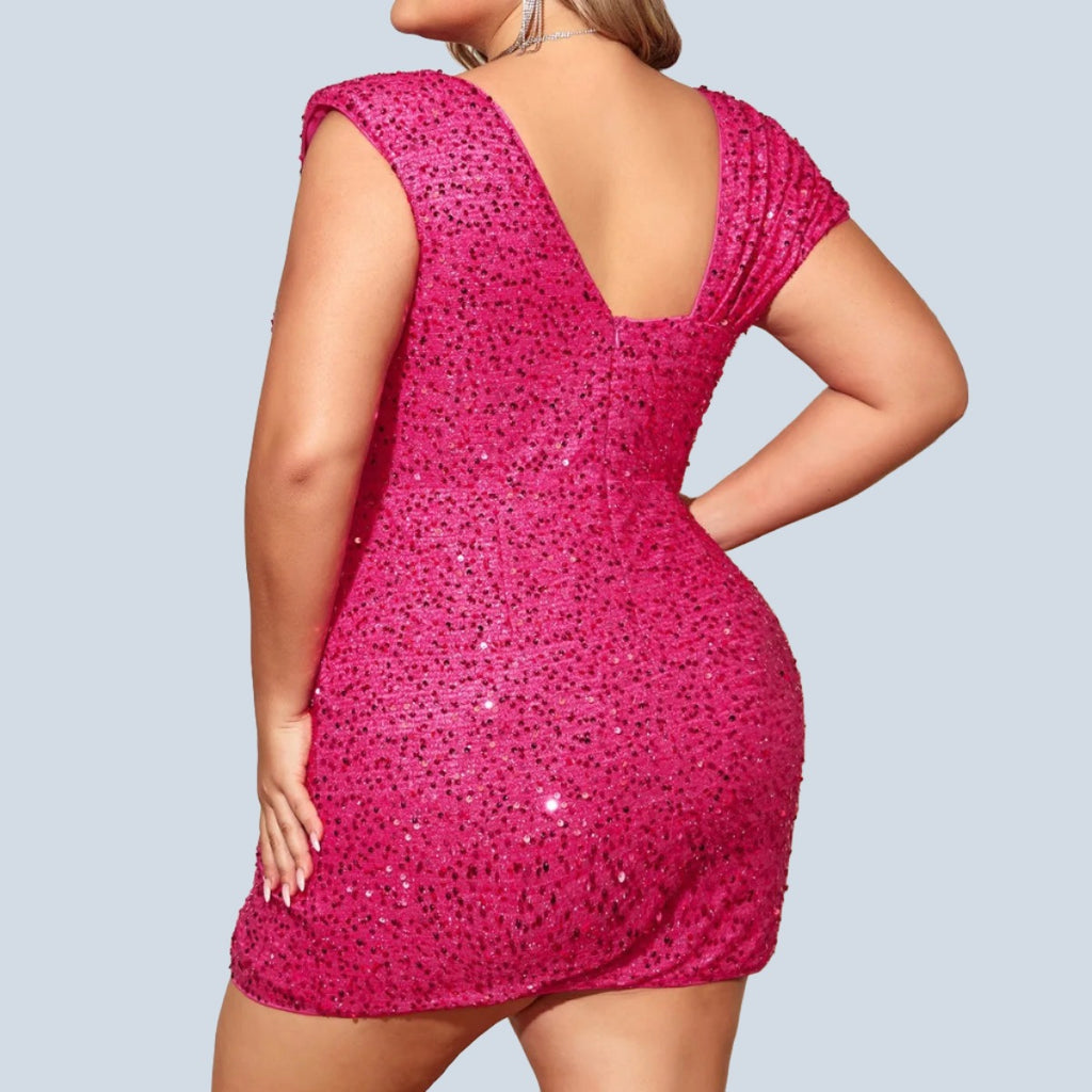 Plus size pink rose sequin mini party dress, perfect for elegant evening events.