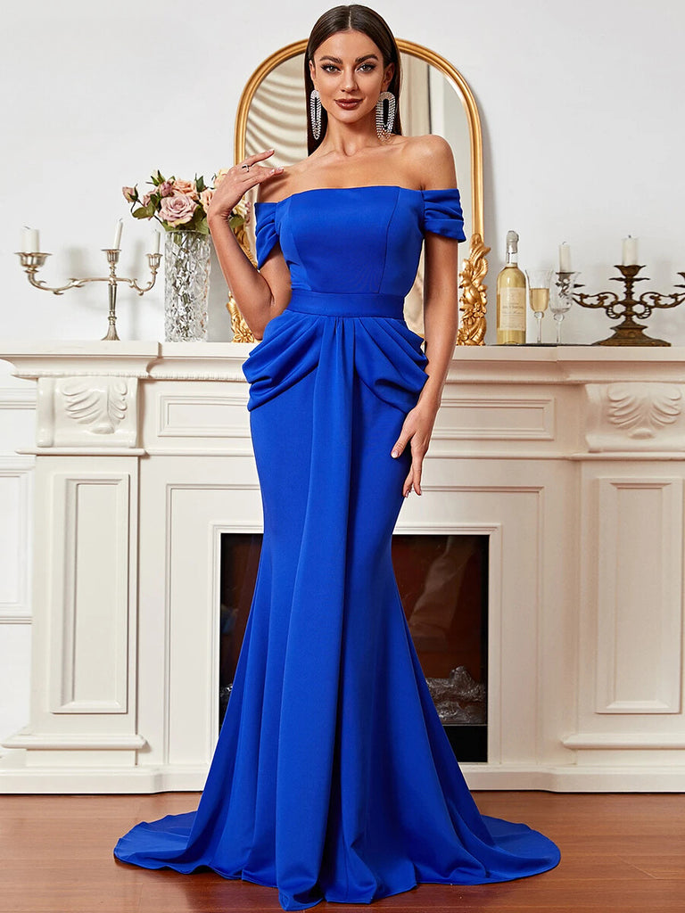 Royal blue off-shoulder gown featuring a ruched bodice and a floor-length silhouette, perfect for formal occasions or evening galas.