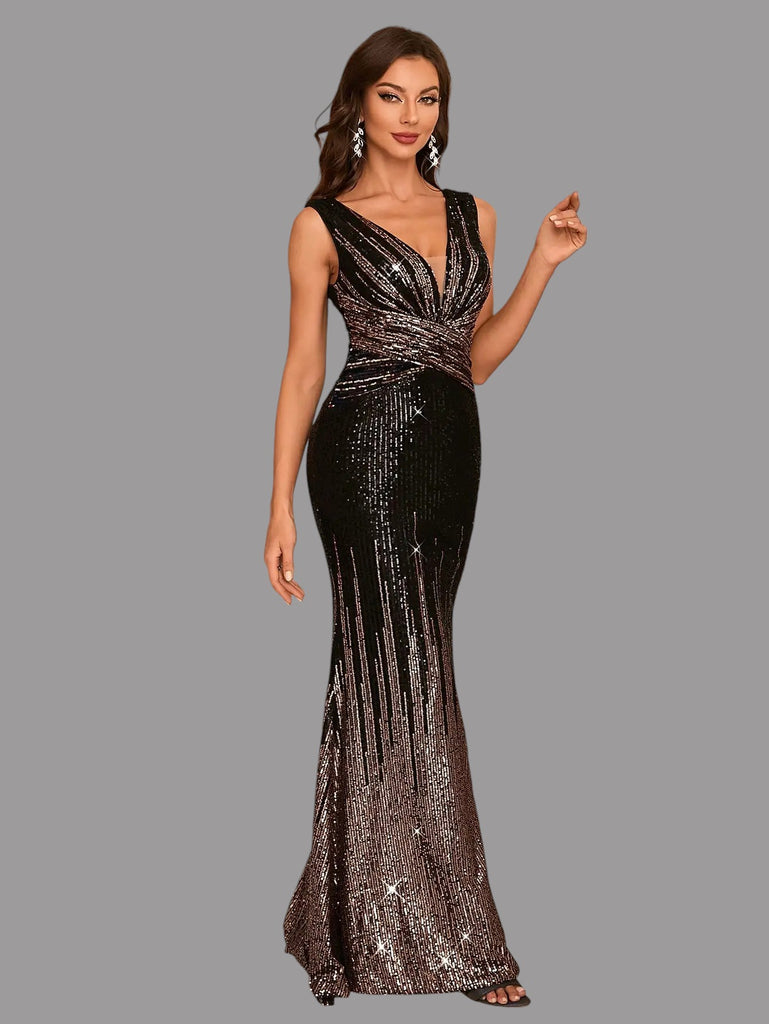 Elegant floor-length mermaid sequin dress with a plunging V-neckline and spaghetti straps, featuring a slim fit and solid sequin pattern.