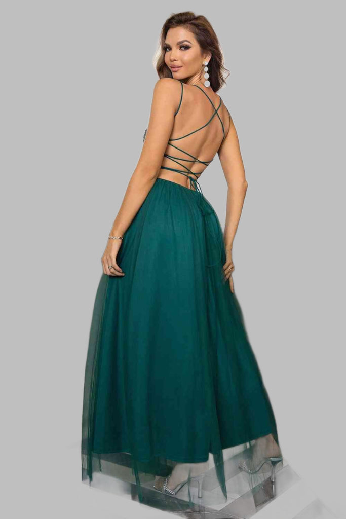 Sweet Memories lace-up maxi dress available in green, black, and blush pink, ideal for formal occasions.