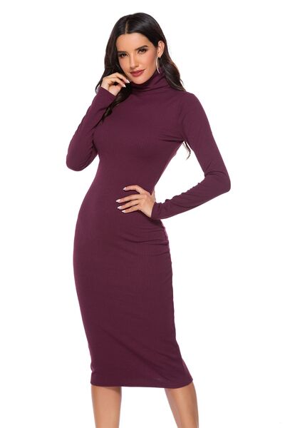 Women Knit Bodycon Pencil Dress Dressy Sexy High Neck Long Sleeve Ribbed Fall Knee Length