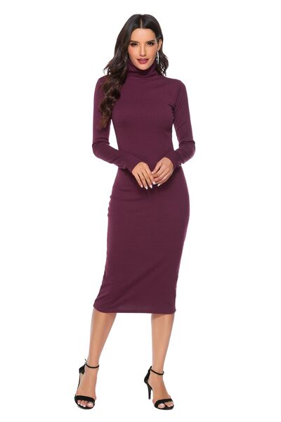 Women Knit Bodycon Pencil Dress Dressy Sexy High Neck Long Sleeve Ribbed Fall Knee Length