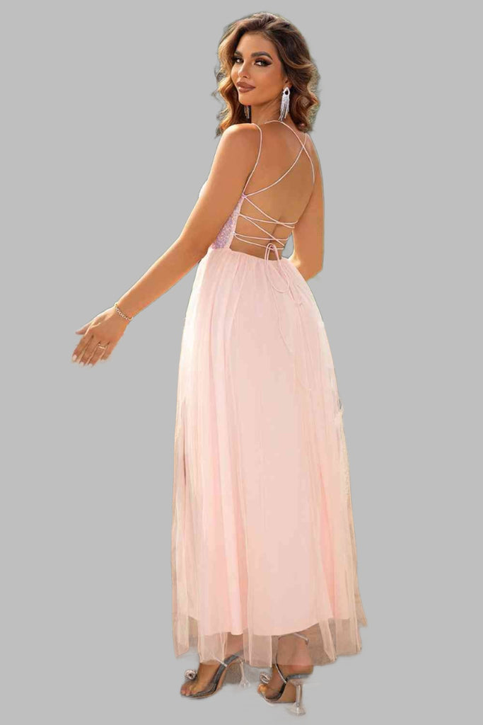 Sweet Memories lace-up maxi dress available in green, black, and blush pink, ideal for formal occasions.